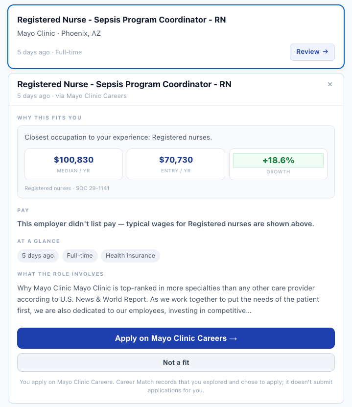A single posting with wages, growth, and fit shown before the student chooses to apply or rule it out